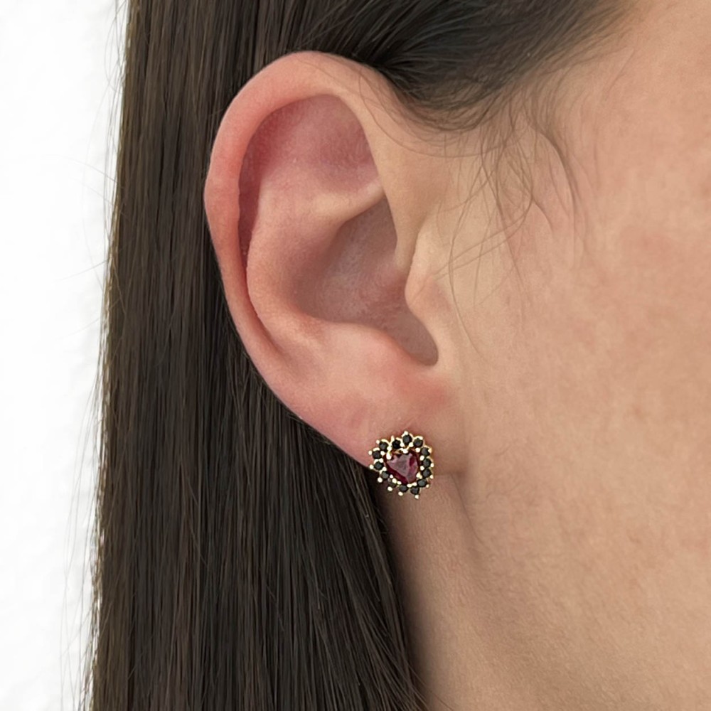 Conjunto colar e brinco de ouro 18k coração vermelho e preto