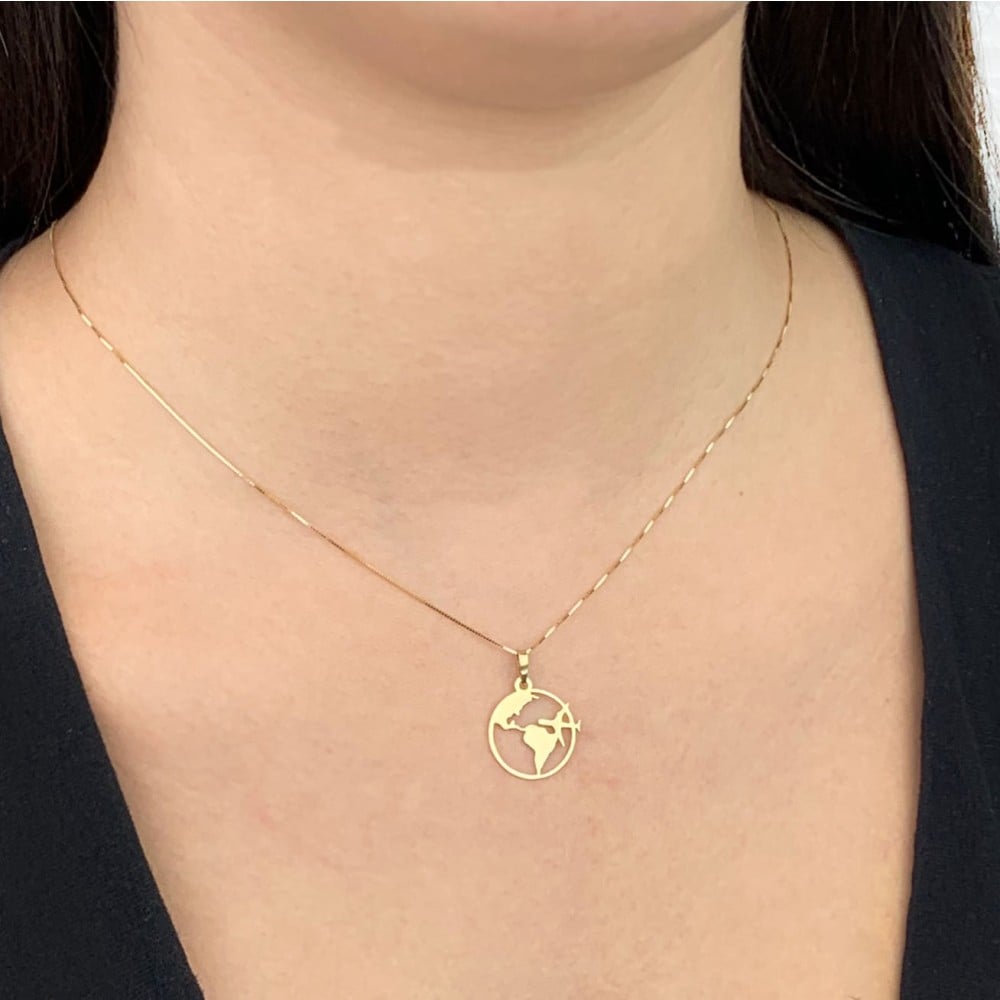 Pingente de ouro 18k globo e avião