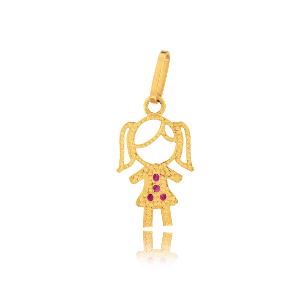 Pingente de ouro 18k menina filha com zircônias rubis