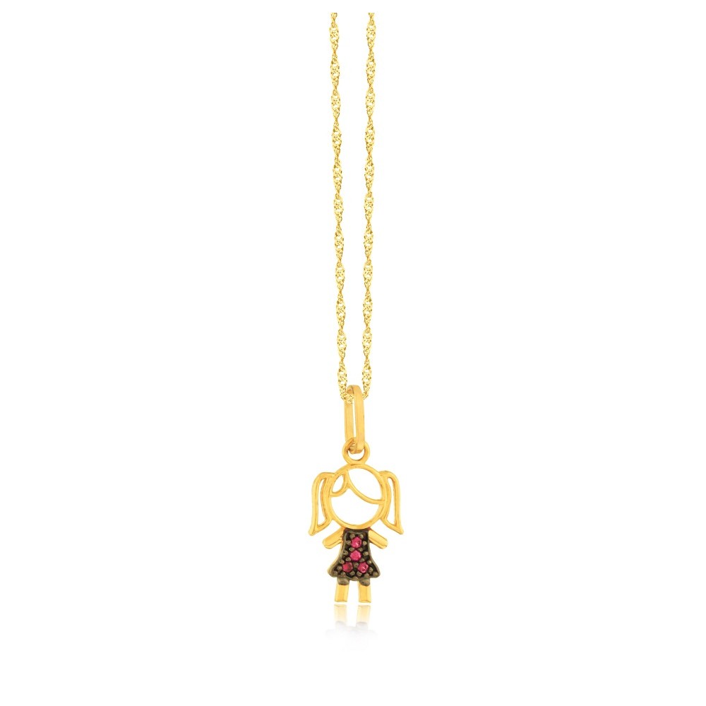 Pingente de ouro 18k menina filha com zircônias rubis