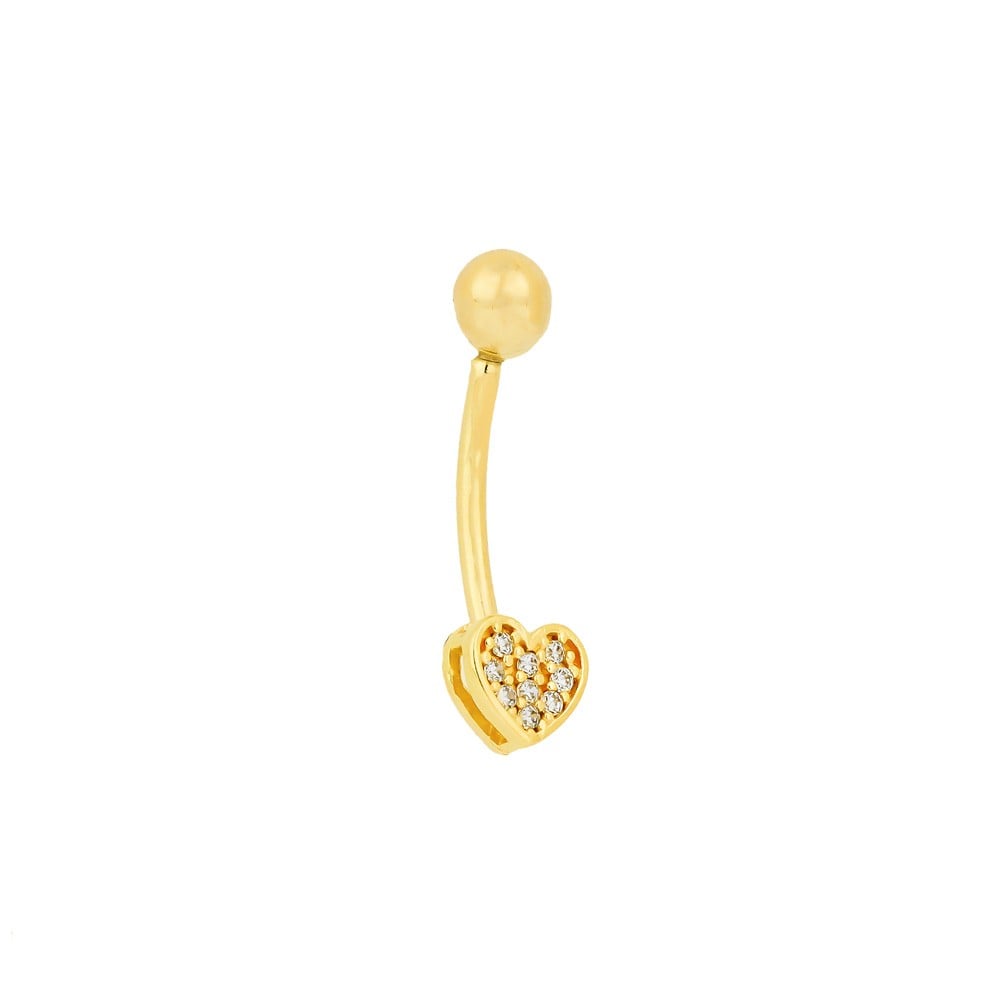 Piercing de umbigo de ouro 18k coração cravejado