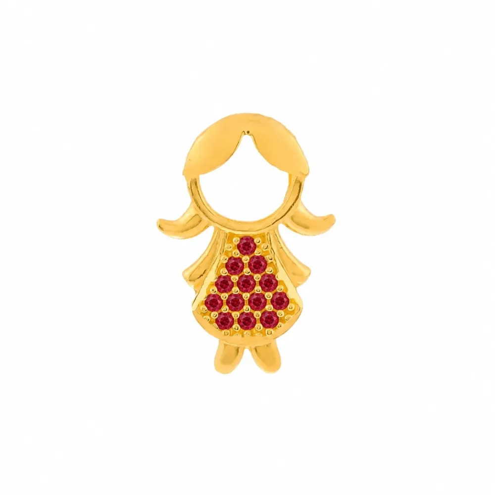 Pingente de ouro menina vestido cravejado vermelho