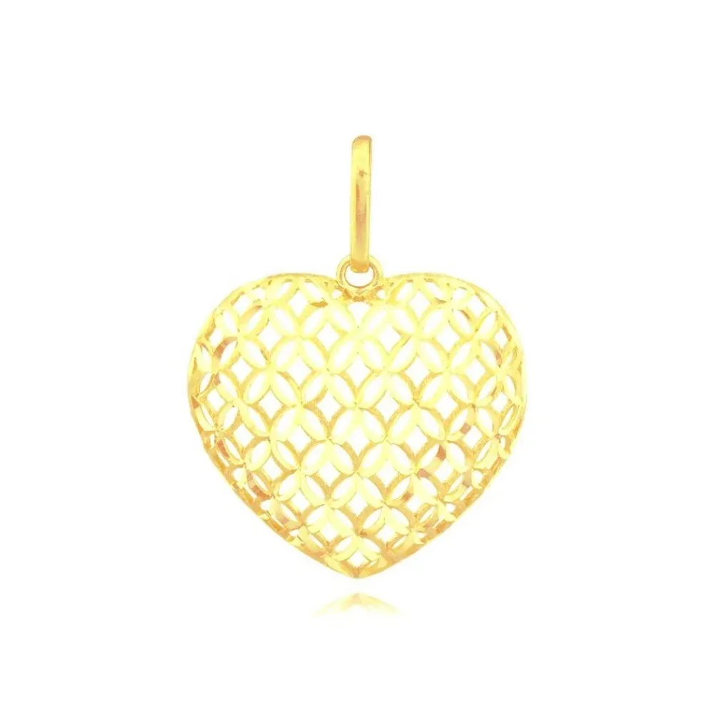 Pingente de ouro 18k coracao com flores vazadas medio P3561