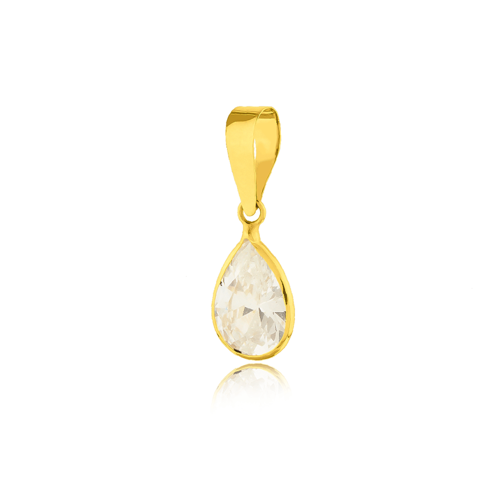 Pingente de ouro 18k gota em ouro com pedra de zircônia