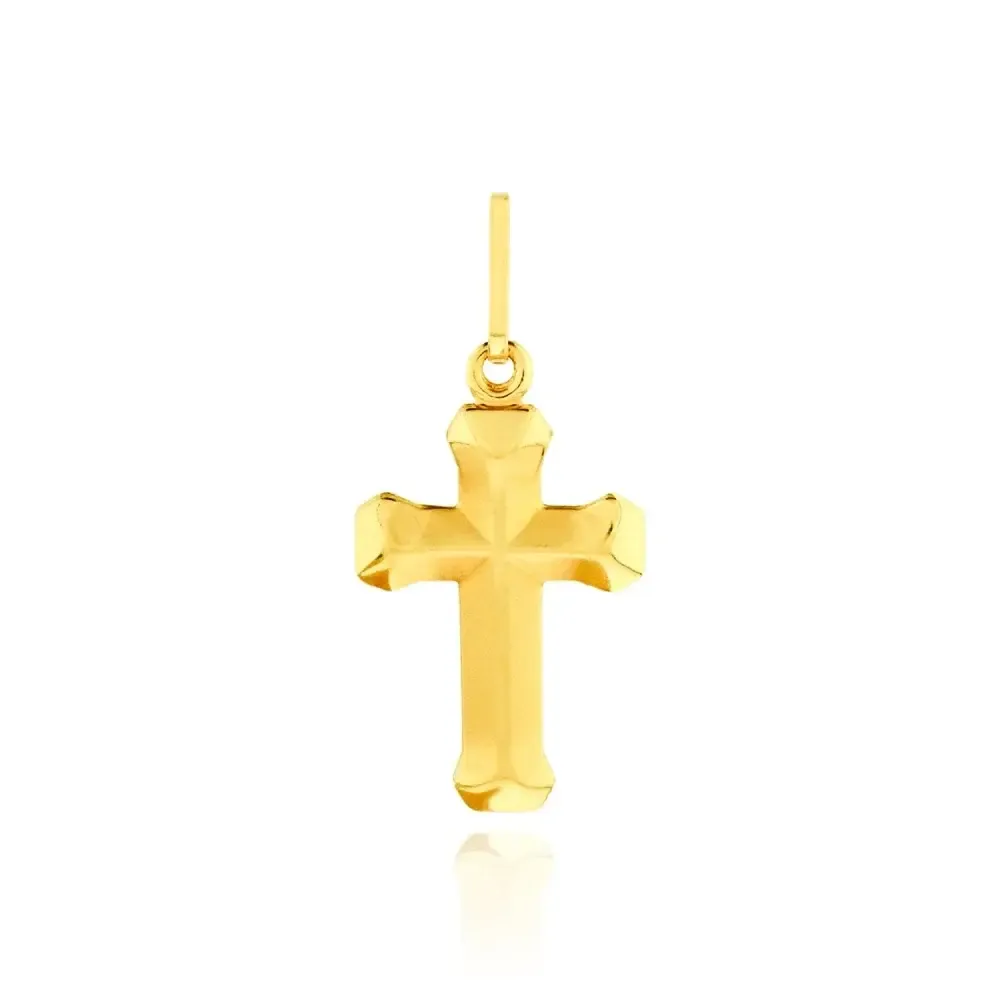 Pingente de ouro 18k masculino / feminino cruz em relevo pequena foto frontal 
