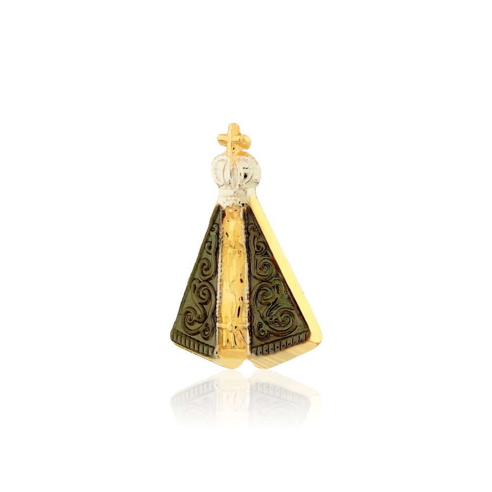 Pingente de ouro 18k Nossa Senhora Aparecida com manto em rodio branco e negro média foto frente do pingente