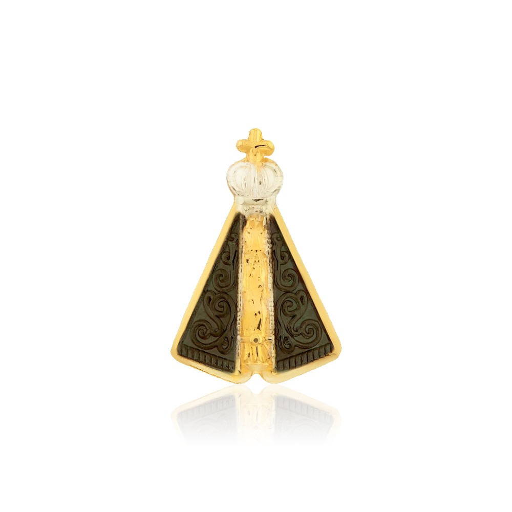 Pingente de ouro 18k Nossa Senhora Aparecida com manto em rodio branco e negro média