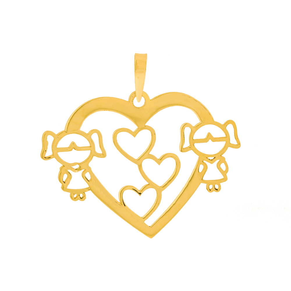 Pingente meninas filhas ouro 18k coração