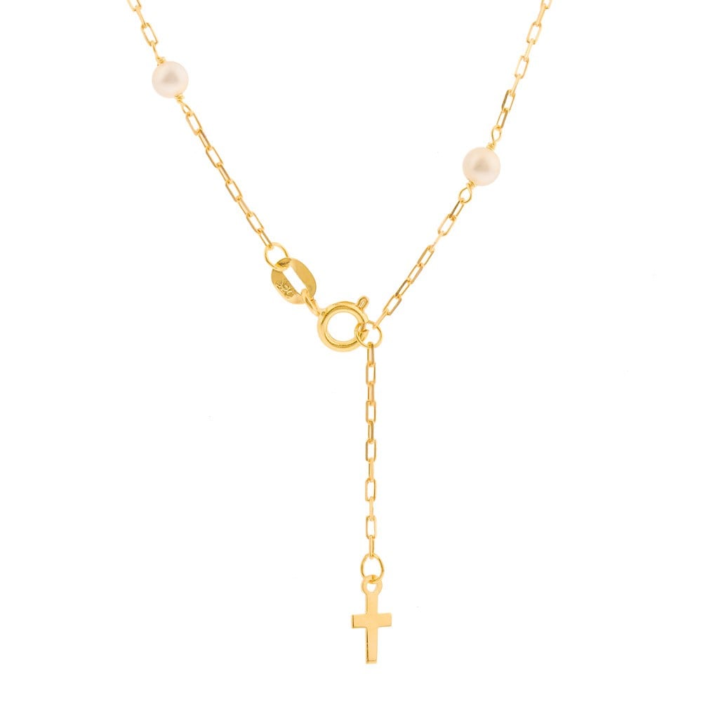 Pulseira de ouro 18k infantil terço com perolas e cruz