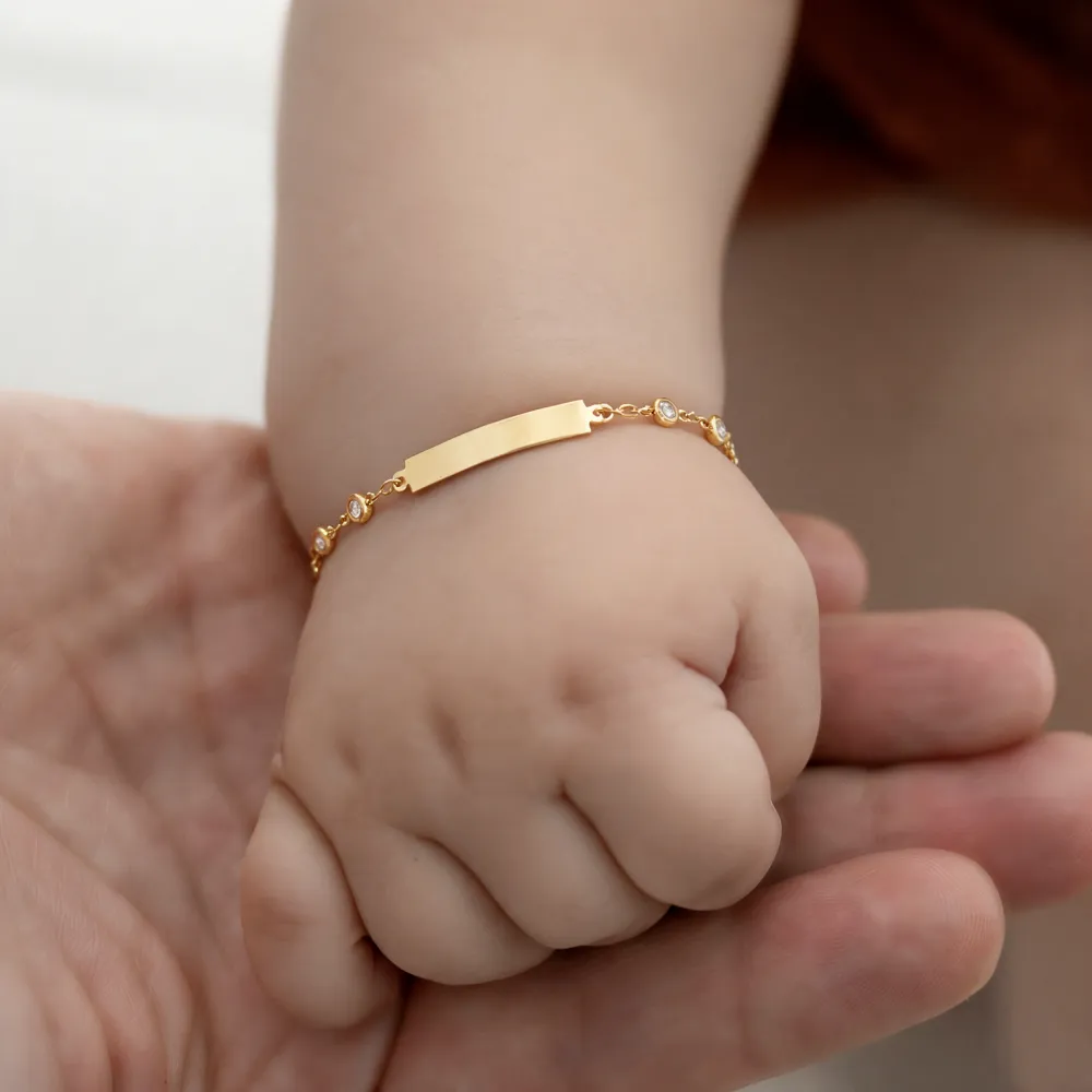 Conjunto De Ouro 18k Pulseira De Pedras E Placa + Brinco 3mm infantil