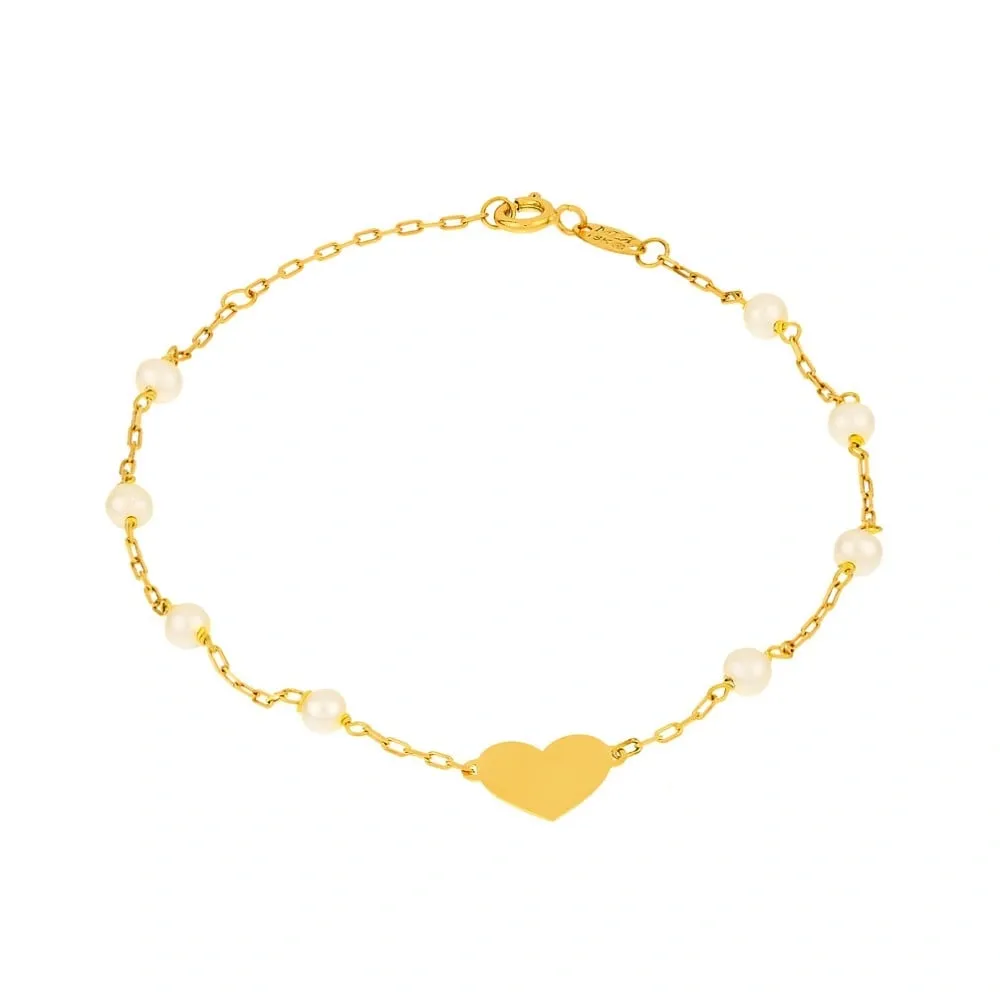 Pulseira de ouro 18k infantil perolas e coração