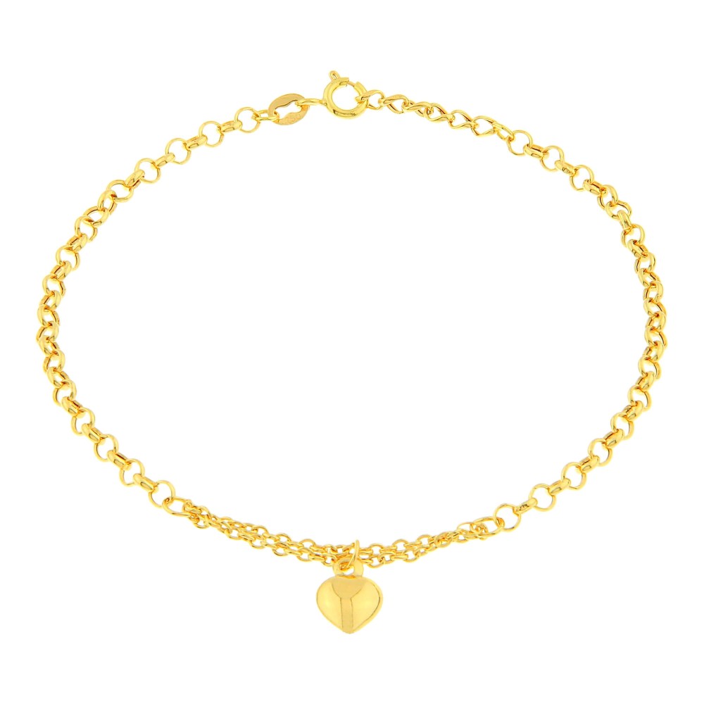Pulseira de ouro 18k infantil feminina elo português misto com pingente coração