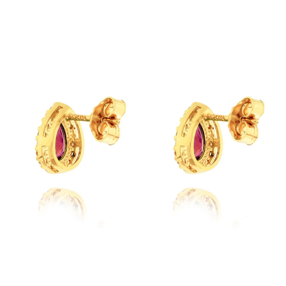 Brinco de Ouro 18k gota rosa cravejada de zircônias verso