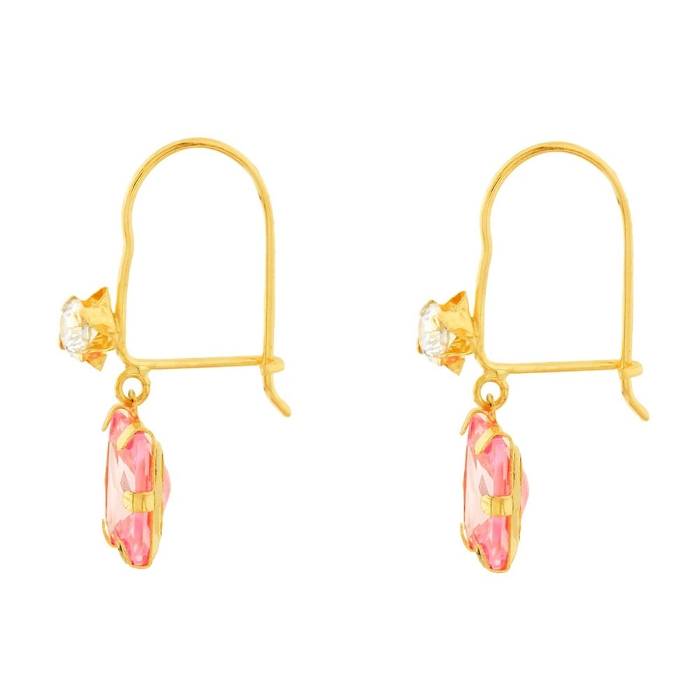 Brinco De Ouro 18k Gancho Com Pedra Zircônia Retangular rosa lateral