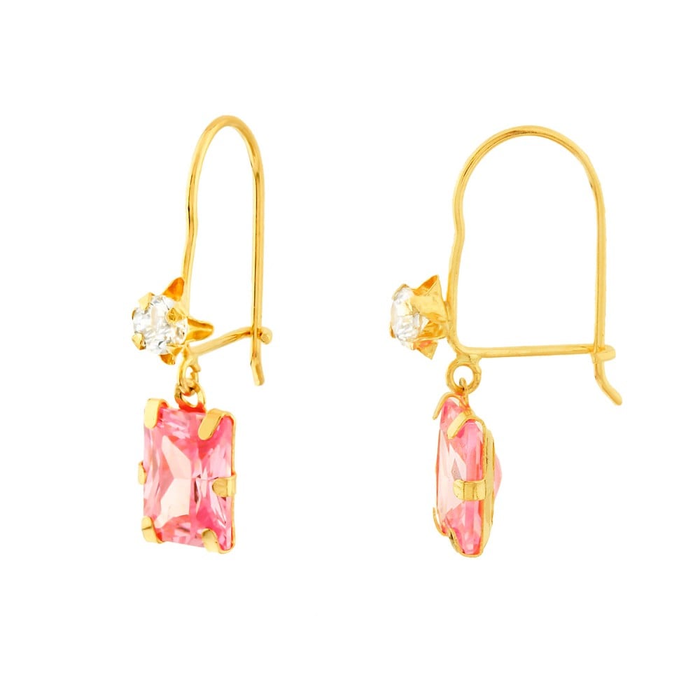 Brinco De Ouro 18k Gancho Com Pedra Zircônia Retangular rosa lado