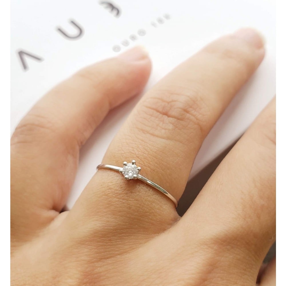 Anel de ouro 18k branco solitário noivado