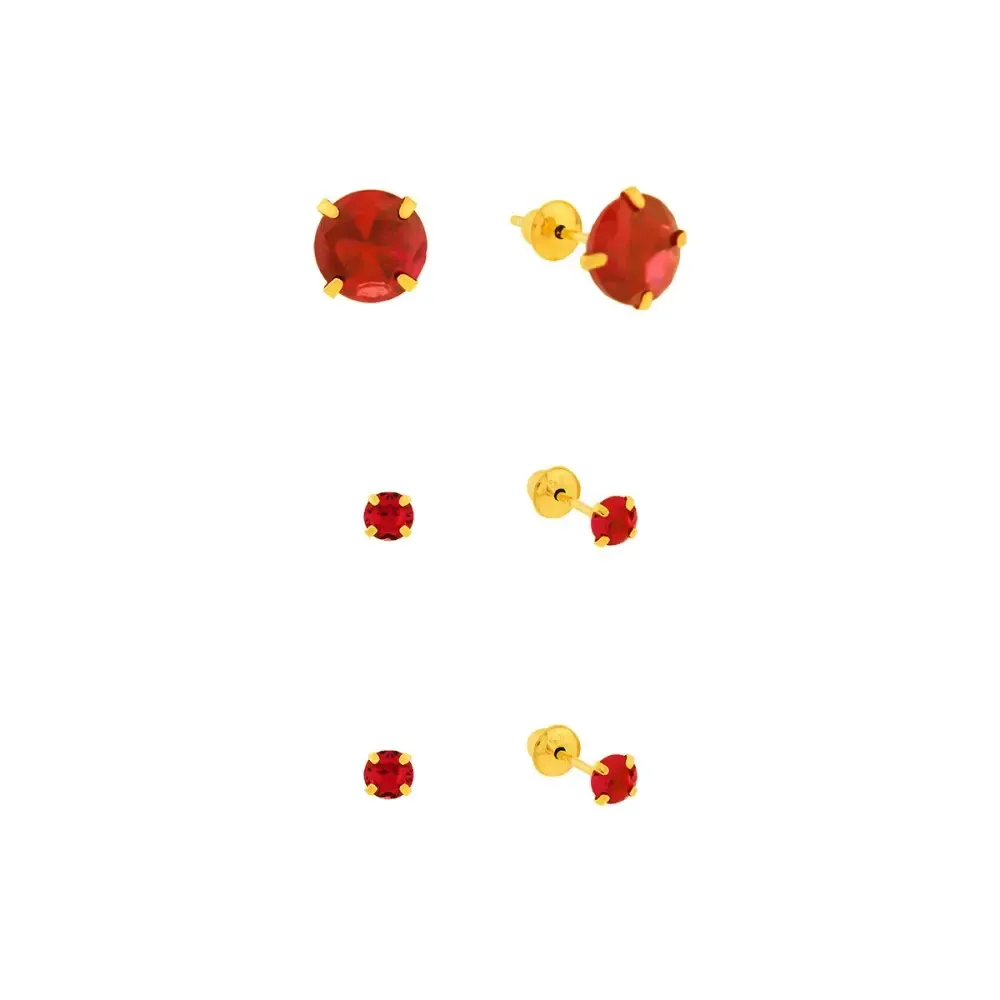 Trio de brinco de ouro 18k pedra vermelha 6mm e 3mm