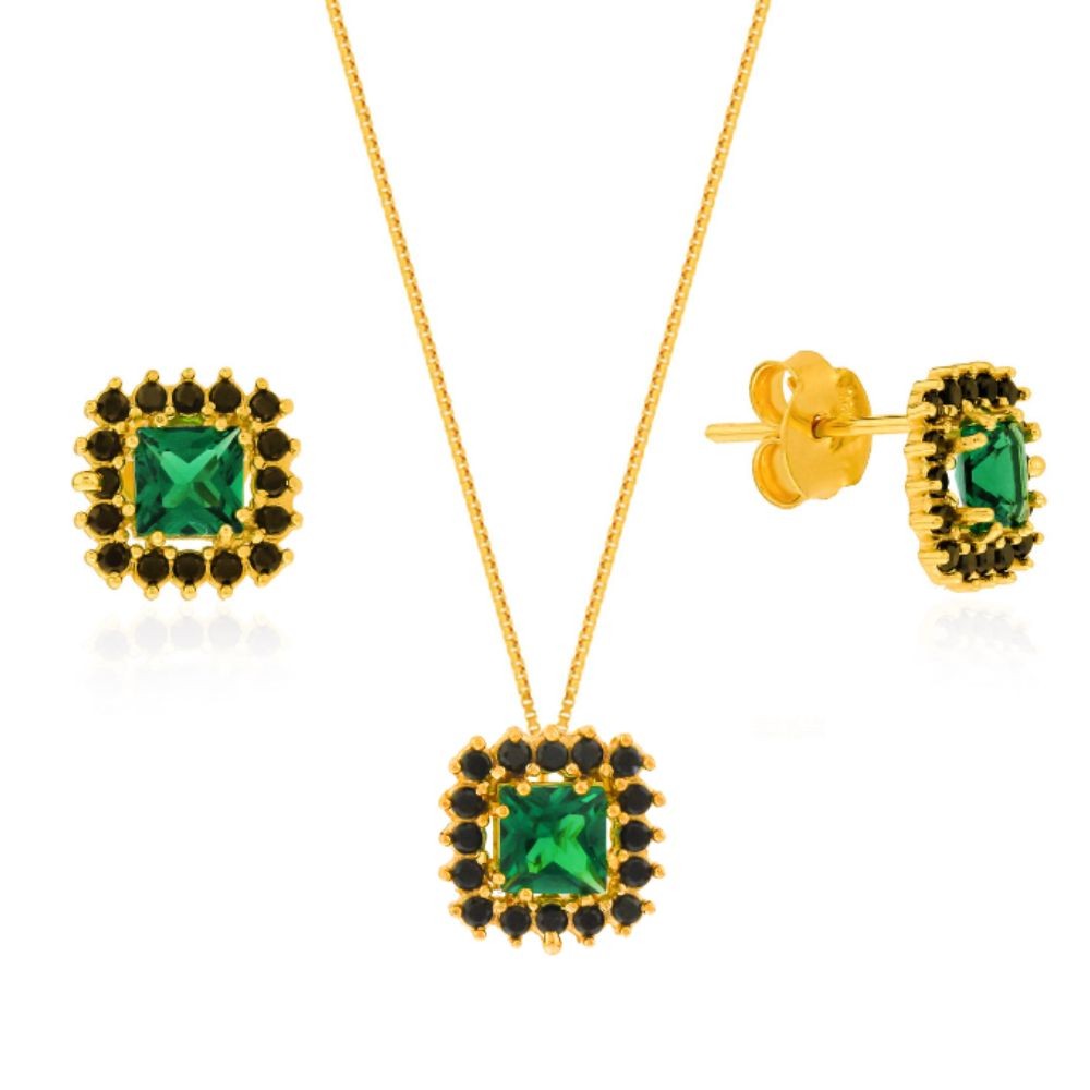 Conjunto colar e brinco de ouro 18k floresta negra