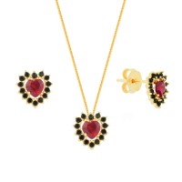 Conjunto colar e brinco de ouro 18k coração vermelho e preto