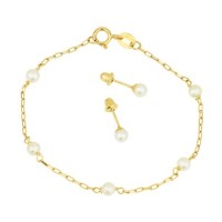 Conjunto De Ouro 18k Infantil Pulseira De Pérola E Brinco 3mm