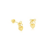 Brinco de ouro 18k laco com coracao 4mm infantil foto frente e lado 