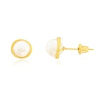 Brinco de ouro 18k rococo e perola natural 5mm foto frente e lado 