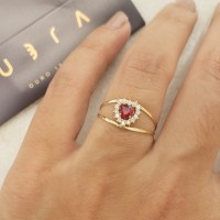 Anel de coração de ouro 18k pedra vermelha 4mm