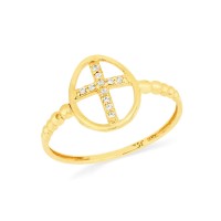 Anel de cruz ouro 18k cravejado aro bolinhas
