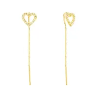 Brinco de ouro 18k coração cravejado corrente