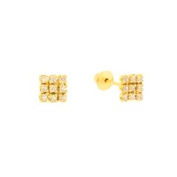 Brinco quadrado de ouro 18k pedras zircônias