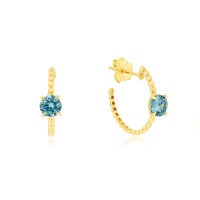 Brinco argola bolinhas de ouro 18k pedra azul