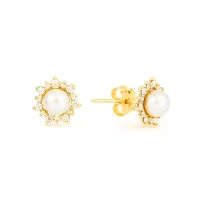 Brinco de ouro 18k pérola coroa cravejada