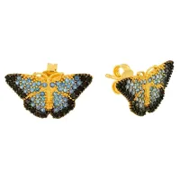  Brinco de ouro 18k borboleta pedras azuis