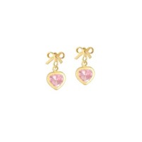 Brinco de ouro 18k infantil laco com coracao de pedra rosa zirconias foto frente 