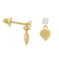 Brinco de ouro 18k infantil pedra branca transparente com coracao 