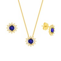 Conjunto colar e brinco de ouro 18k pedra azul