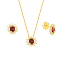 Conjunto colar e brinco de ouro 18k pedra vermelho