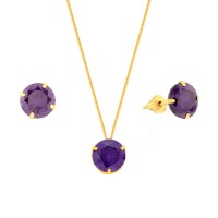 Conjunto colar e brinco de ouro 18k ponto luz roxo