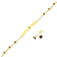 Conjunto De Ouro 18k Pulseira De Pedras E Placa + Brinco 3mm infantil vermelho
