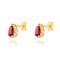 Brinco de Ouro 18k gota rosa cravejada de zircônias lateral