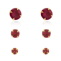 Trio de brinco de ouro 18k pedra vermelha 6mm 4mm e 3mm