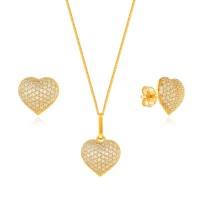 Conjunto colar e brinco de ouro 18k coração cravado