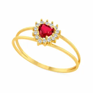 Anel de coração de ouro 18k pedra vermelha 4mm