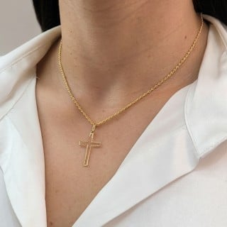 Pingente de ouro cruz 18k borda diamantada