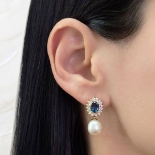 Brinco ouro 18k Topázio e Moissanite Azul profundo pérola
