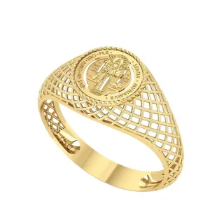 Anel São Bento de ouro 18k aro rendado