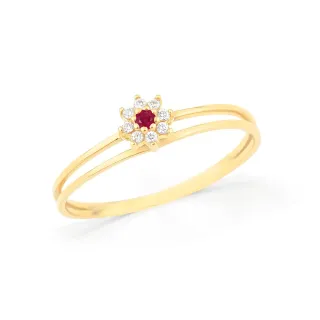 Anel de ouro 18k chuveiro pedra vermelha