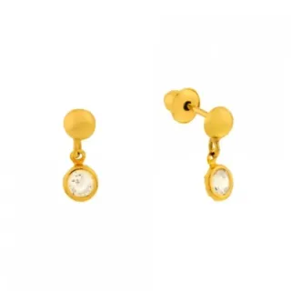 Brinco de ouro 18k bolinha com pedra branca transparente 20006B
