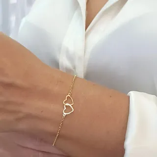 Pulseira feminina de ouro 18k casal coração