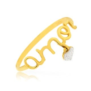 Anel de ouro 18k escrito amor pingente coração